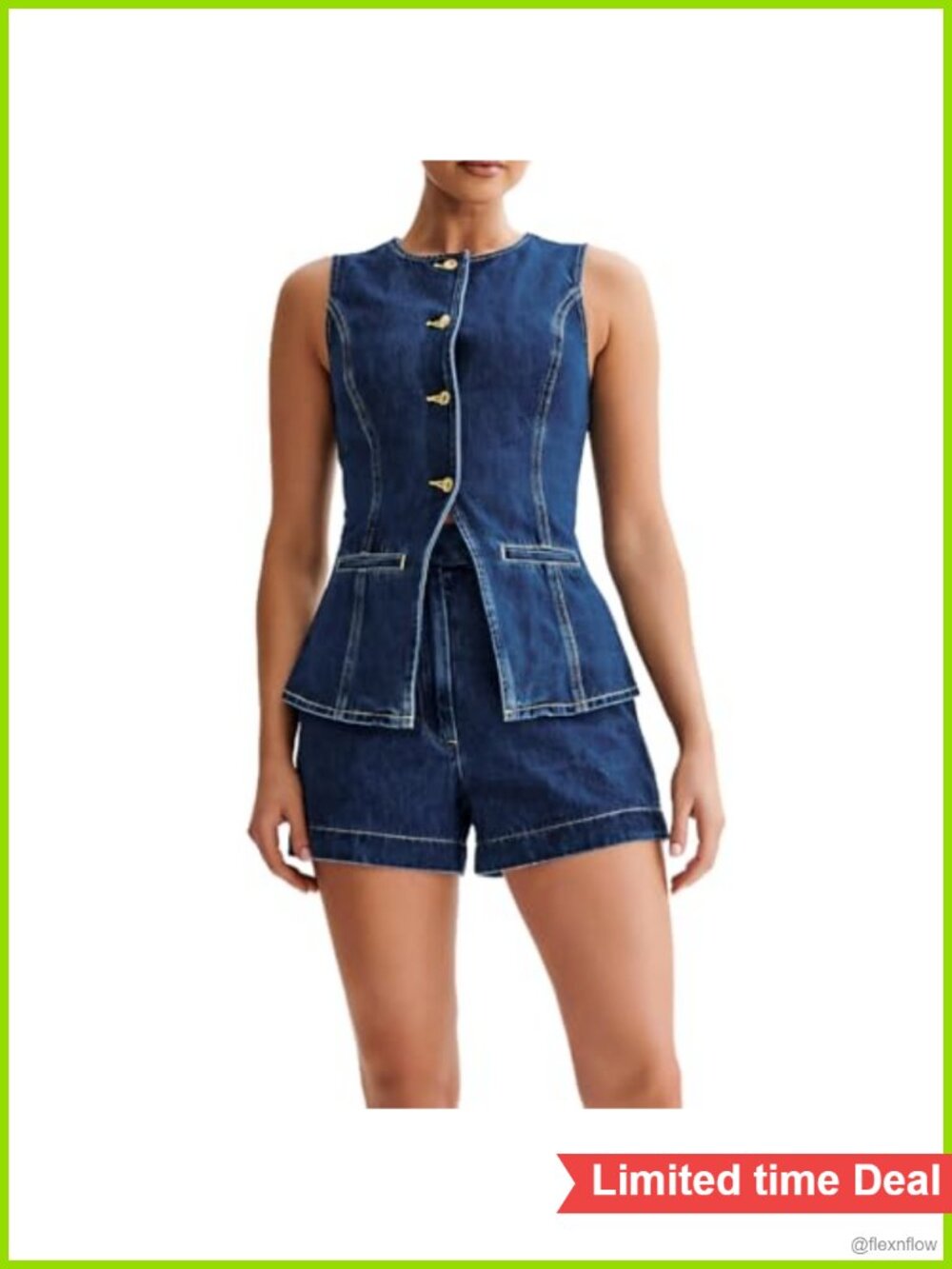 Denim 2 Piece Set Sleeveless Button Down Vest Top High Waisted Pleated Shorts